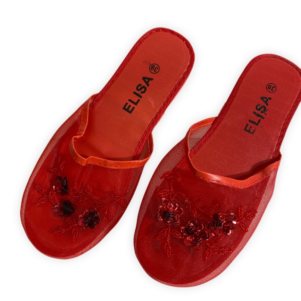 Vintage Sequin Mesh Slides Chinese Beaded Slippers with Floral Embellishments